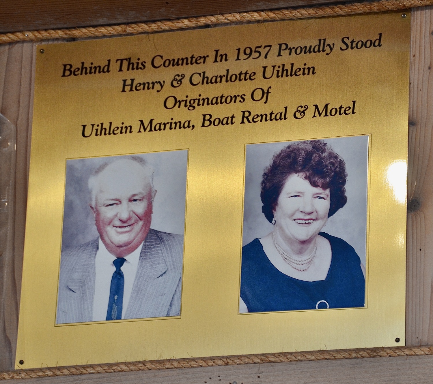 A plaque in the office pays homage to Henry and Charlotte Uihlein, the founders of Uihlein's Marina, who opened the marina and motel after moving to Montau from Queens in the 1950s. KYRIL BROMLEY PHOTOS