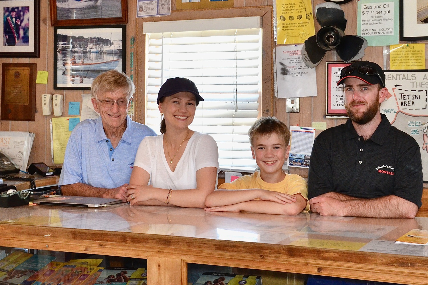 From left, Henry Uihlein, his wife, Alena Uihlein, and his sons, Alexander and Henry. Uihlein's Marine is one of the legacy family businesses in Montauk. The marina and hotel have been in operation since the 1950s. Uihlein's is also a platinum stocking dealer of Mercury boat engines. KYRIL BROMLEY PHOTOS