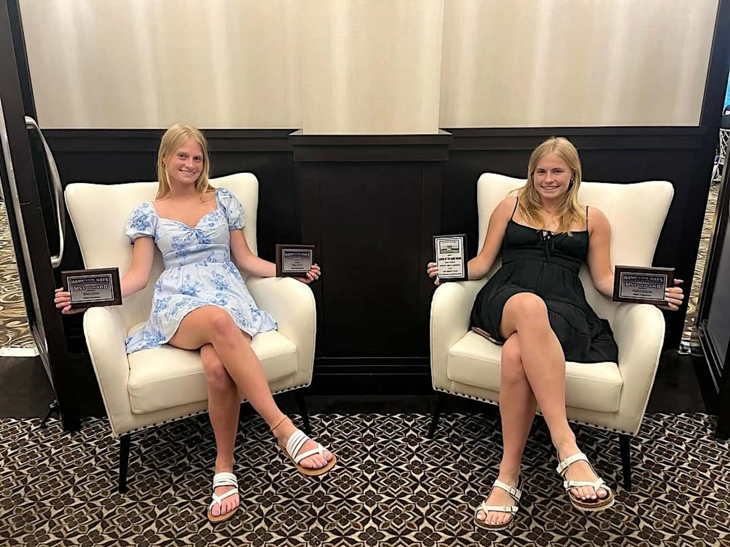Then-sophomores Eden Brown and Taylor Meyers with postseason awards given out at the end of last season. COURTESY HAMPTON BAYS ATHLETICS