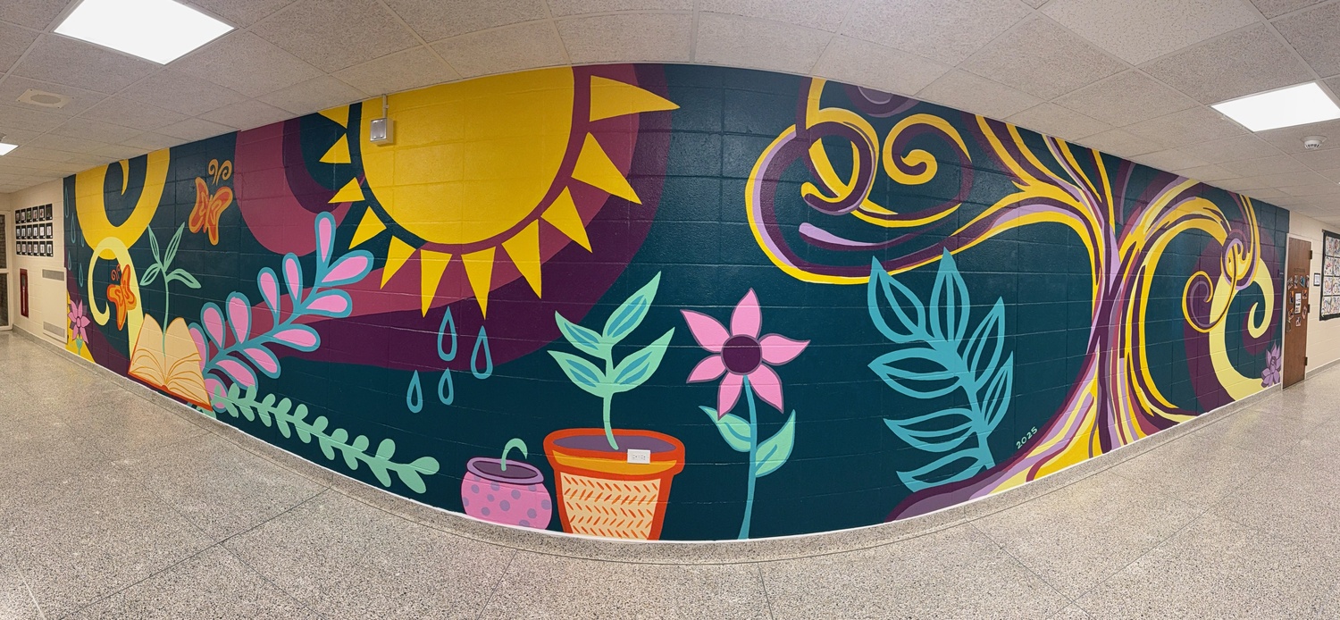 A colorful new mural now adorns the business course hallway at Hampton Bays High School. The 300-square-foot mural is the product of more than100 students working together, alongside local artist Maria Fumai Dietrich. During the course of a week, the students painted and sketched the various images that are incorporated in the mural, which carries the theme of “growth.” It features brightly colored flowers, plants and butterflies. This is the second mural that students have painted on the high school’s walls. In 2022, students worked with professional muralist Joe Pimentel on a mural in the school’s main hallway. It incorporates the theme of “Through Our Eyes,” aimed at promoting unity among students while engaging them in something positive. COURTESY HAMPTON BAYS SCHOOL DISTRICT