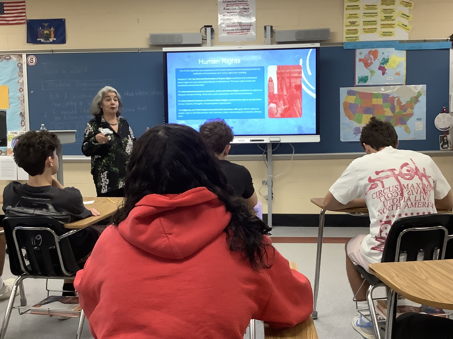Emma Torres, vice president for the Americas and head of the New York Office of the United Nations Sustainable Development Solutions, speaks to a class of Southampton High School students. COURTESY ISABEL SEPÚLVEDA-DE SCANLON
