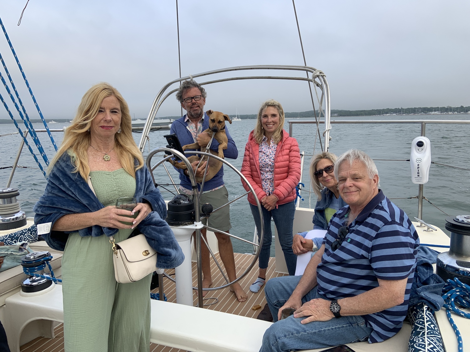 Maura Platz, Captain Toby Stull and Gracie, Gwen Bokine, Linda Wevers and Michael McNulty on an evening sail on the 