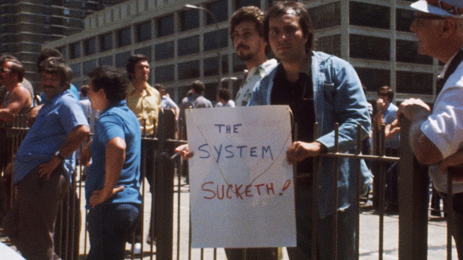A laid off police officer attends a protest on the Brooklyn Bridge in 1975. ABC VIDEOSOURCE