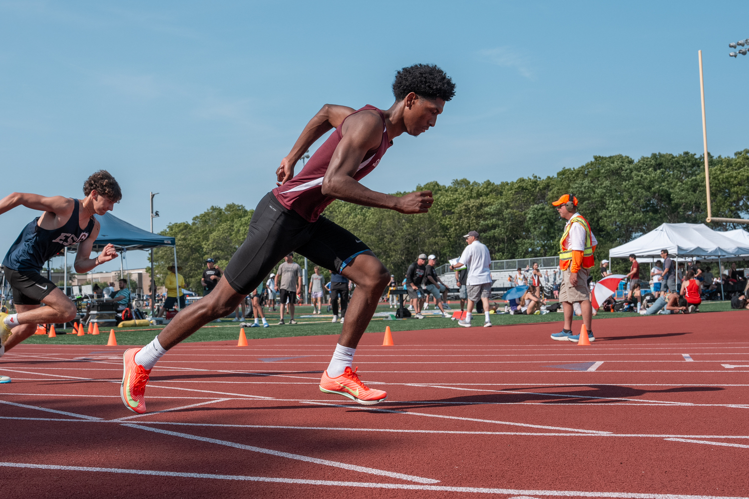 Southampton senior Tyrese Reddick at the start of the 800-meter race.  RON ESPOSITO