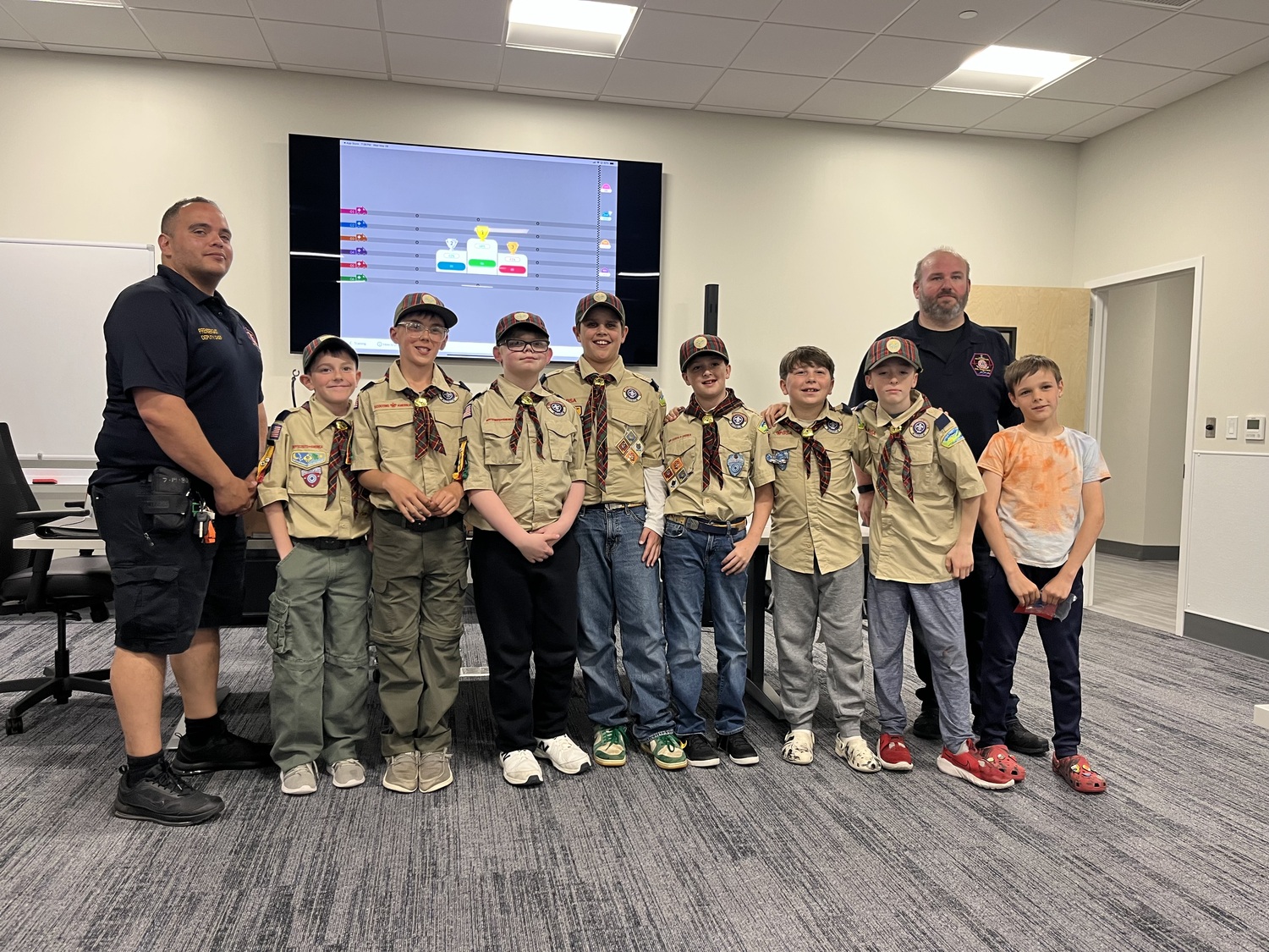 Southampton Volunteer Ambulance District Chief Ian King and Deputy Chief Julio Pendergast hosted the Webelos of Southampton Cub Scouts Pack 14 at their headquarters. The Scouts practiced hands only CPR, learned about what to in various emergency situations, and learned about the election process and leadership model of the organization.   COURTESY CUB SCOUTS PACK 14