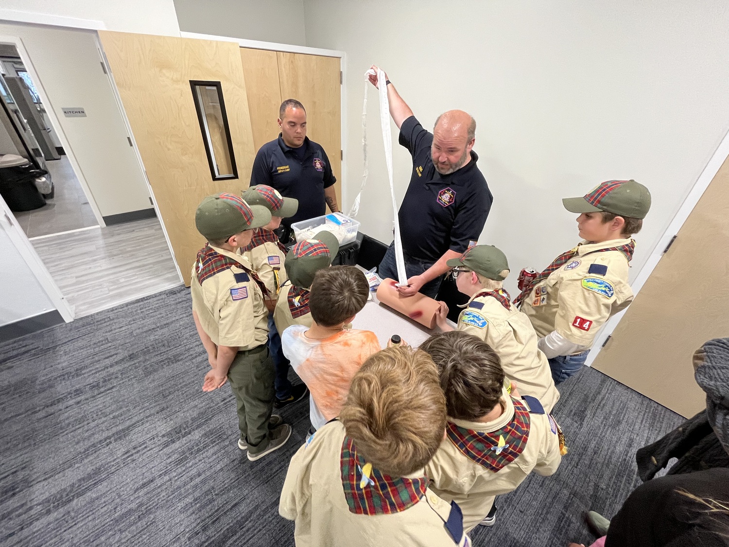 Southampton Volunteer Ambulance District Chief Ian King and Deputy Chief Julio Pendergast hosted the Webelos of Southampton Cub Scouts Pack 14 at their headquarters. The Scouts practiced hands only CPR, learned about what to in various emergency situations, and learned about the election process and leadership model of the organization.   COURTESY CUB SCOUTS PACK 14