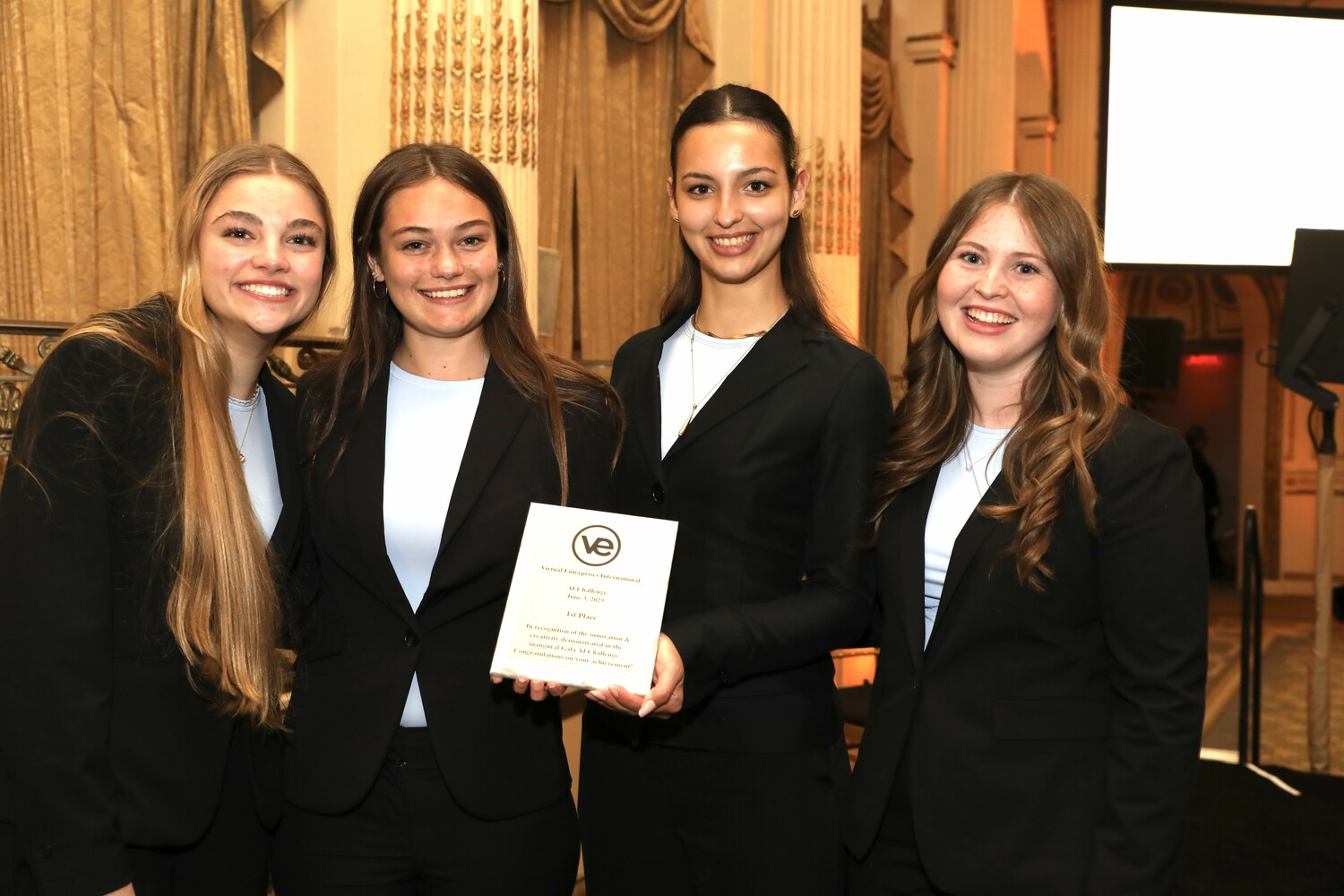 From left, Westhampton Beach High School Virtual Enterprise students Sophia Biondi, Sydney Beardslee, Willow DuBrovin and Margaret Gilbride earned first place at the VE Gala in New York City on June 6. COURTESY WESTHAMPTON BEACH SCHOOL DISTRICT