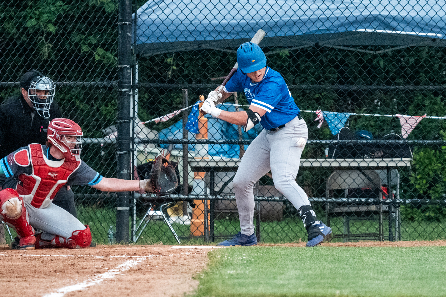 A Southampton Breaker batter gets plunked by a pitch.   RON ESPOSITO