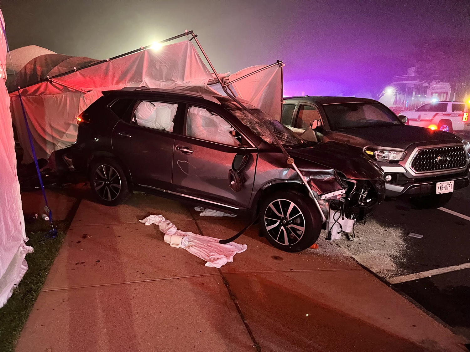 The vehicle crashed through six tents before striking the car of a Montauk couple who were providing overnight security and dove out of the way, narrowly missing being struck themselves. JOHN PAPALEO