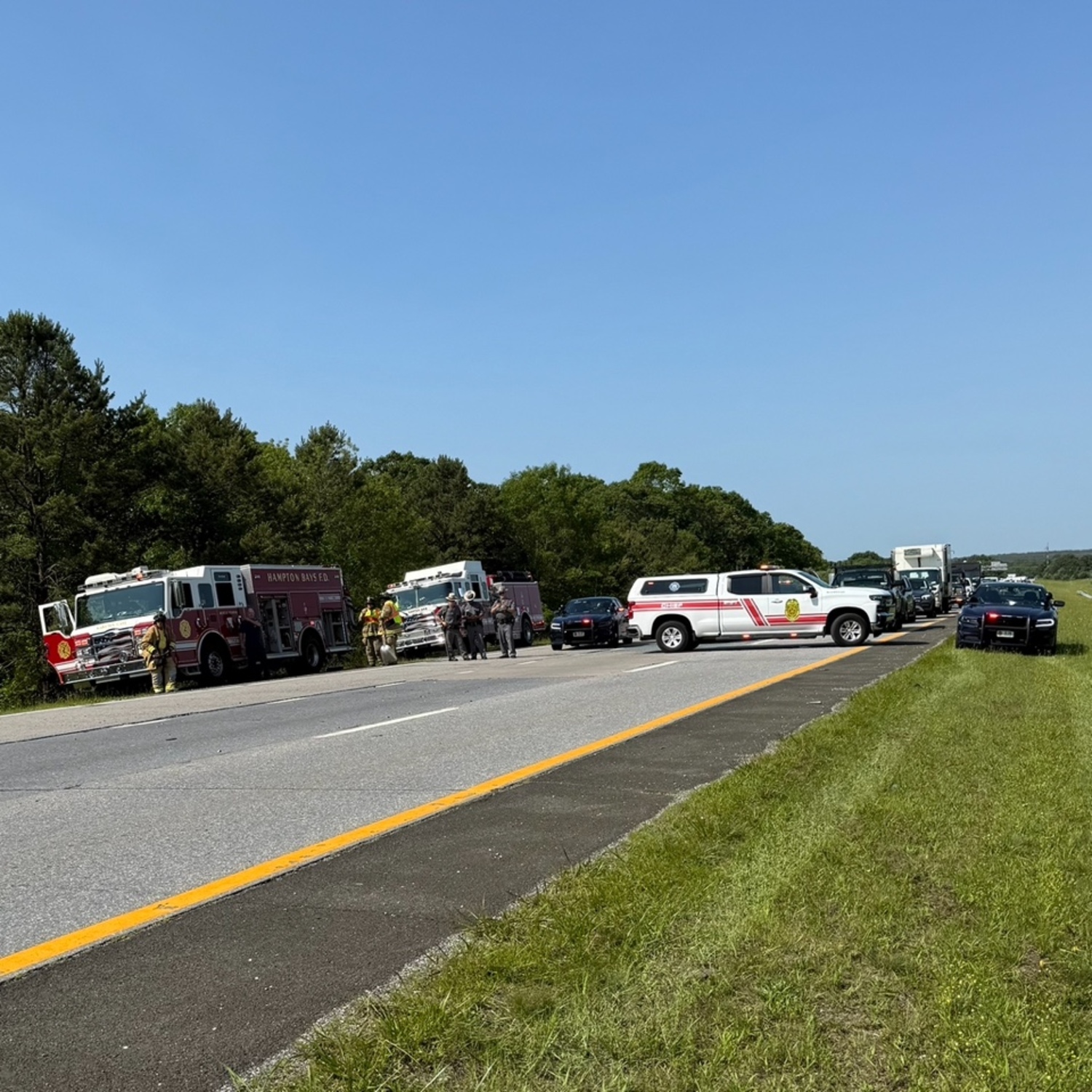 One person was taken to Stony Brook University Hospital with serious injuries following a crash on the Sunrise Highway on Wednesday morning that closed the highway during rushhour and snarled traffic. HAMPTON BAYS FIRE DEPARTMENT