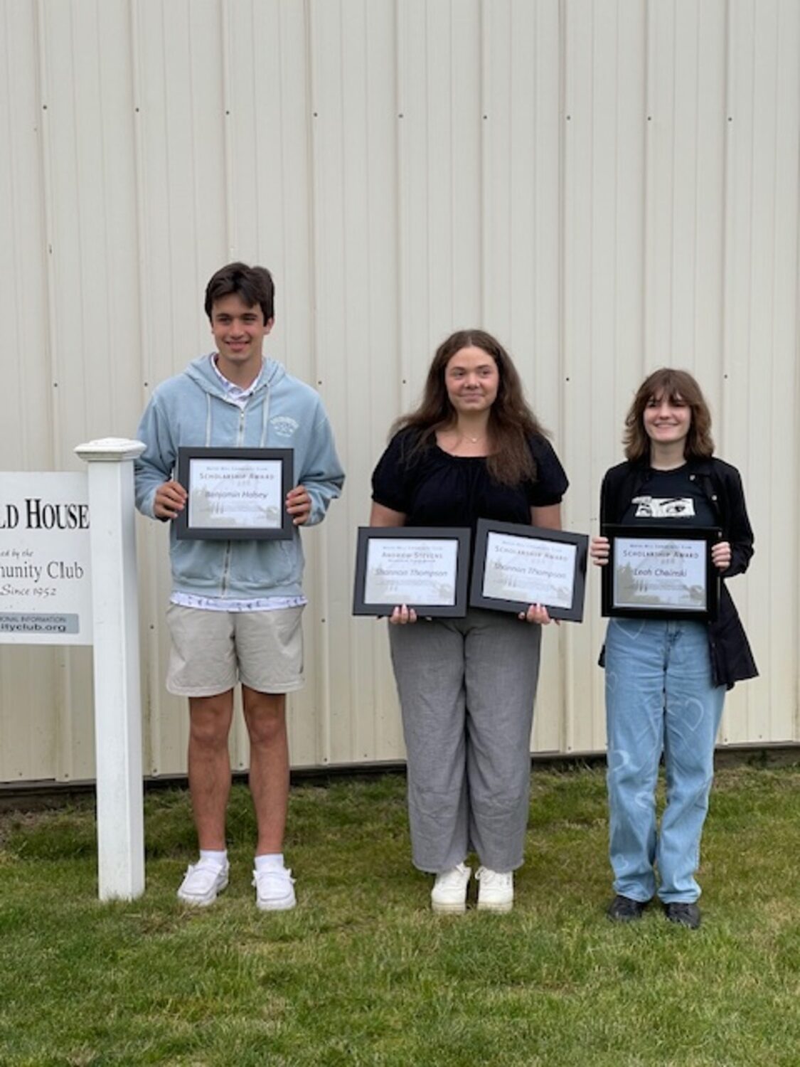 The Water Mill Community Club hosted its annual BBQ/Rocket Launch/scholarship presentation event last Sunday, which drew about 75 people. The scholarship winners, from left, are Benjamin Halsey (Boston College), Shannon Thompson (U. of Miami) and Leah Choinski (Belmont University).  Shannon Thompson also won the Andrew Stevens Memorial Scholarship. COURTESY CINDY CORWITH