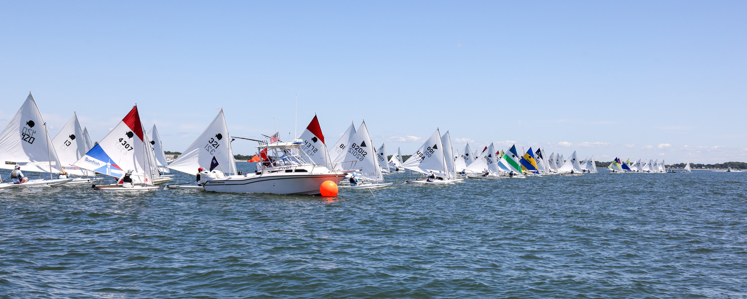 The starting line of the 54th World's Longest Sunfish Race hosted by Southold Yacht Club on Saturday.  GAYLE SHERIDAN