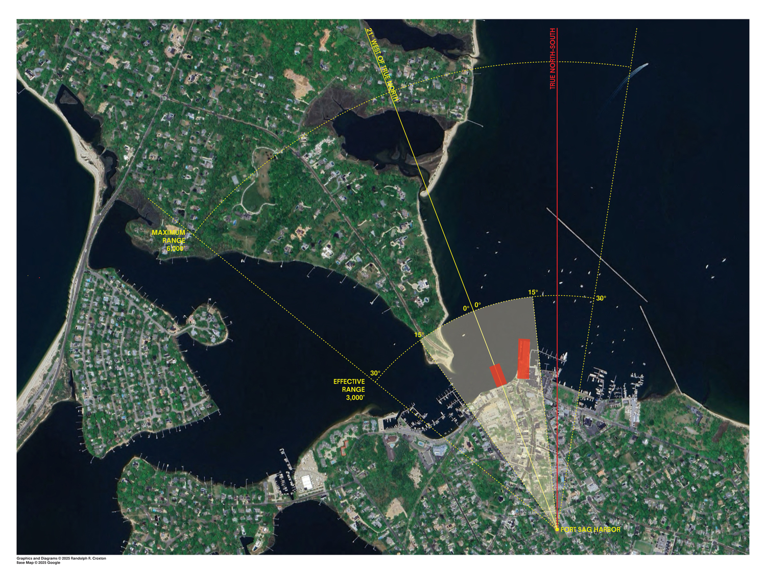 An aerial view shows how British cannons would have been able to defend Sag Harbor from an attack from the water. COURTESY RANDY CROXTON