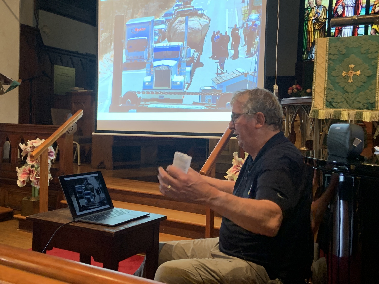 That's not a giant potato being carried on a South Ferry vessel, but a giant boulder that was deposited at a Shelter Island resident's home. How that rock found itself on a ferry was one of the stories the company's CEO, Cliff Clark, recounted  in a program sponsored by the Sag Harbor Historical Museum on Sunday, STEPHEN J. KOTZ