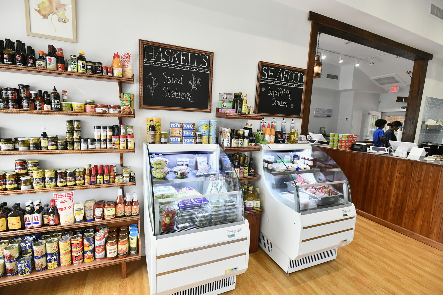 Haskell’s classic prepared seafood is still on offer, but the market now features a poke bowl station, where customers can build their own creation by picking a protein — local yellow fish, tuna, fluke, or red shrimp — and adding homemade toppings, including a ginger and soy-forward seaweed salad from Violet Cove Oyster Co. in Moriches Bay or a spicy Atlantic red crab salad on top of either greens, grains or rice.  DANA SHAW