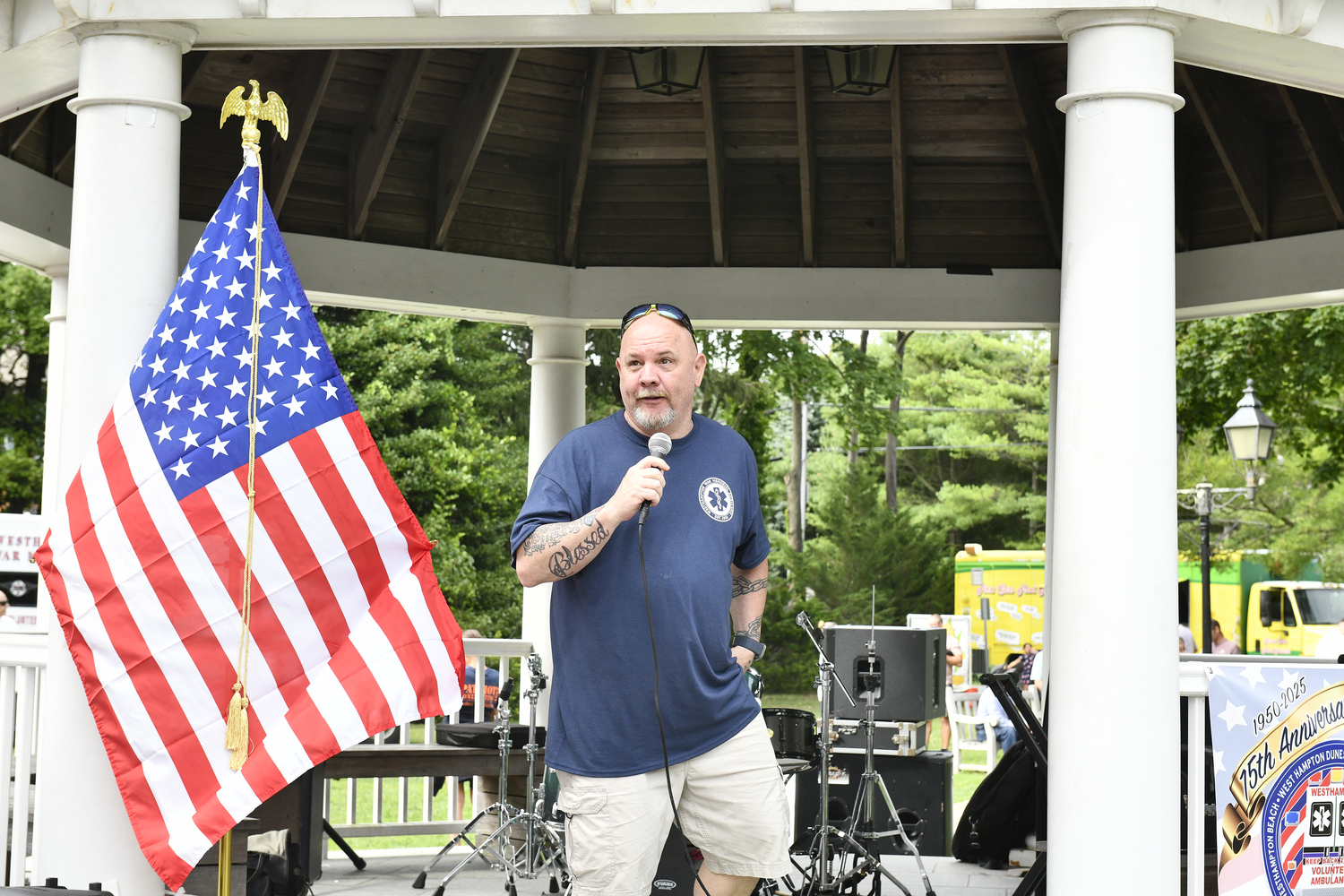 Chief Robert Bancroft speaks at the Westhampton War Memorial Ambulance' 75th anniversary on Saturday.  DANA SHAW
