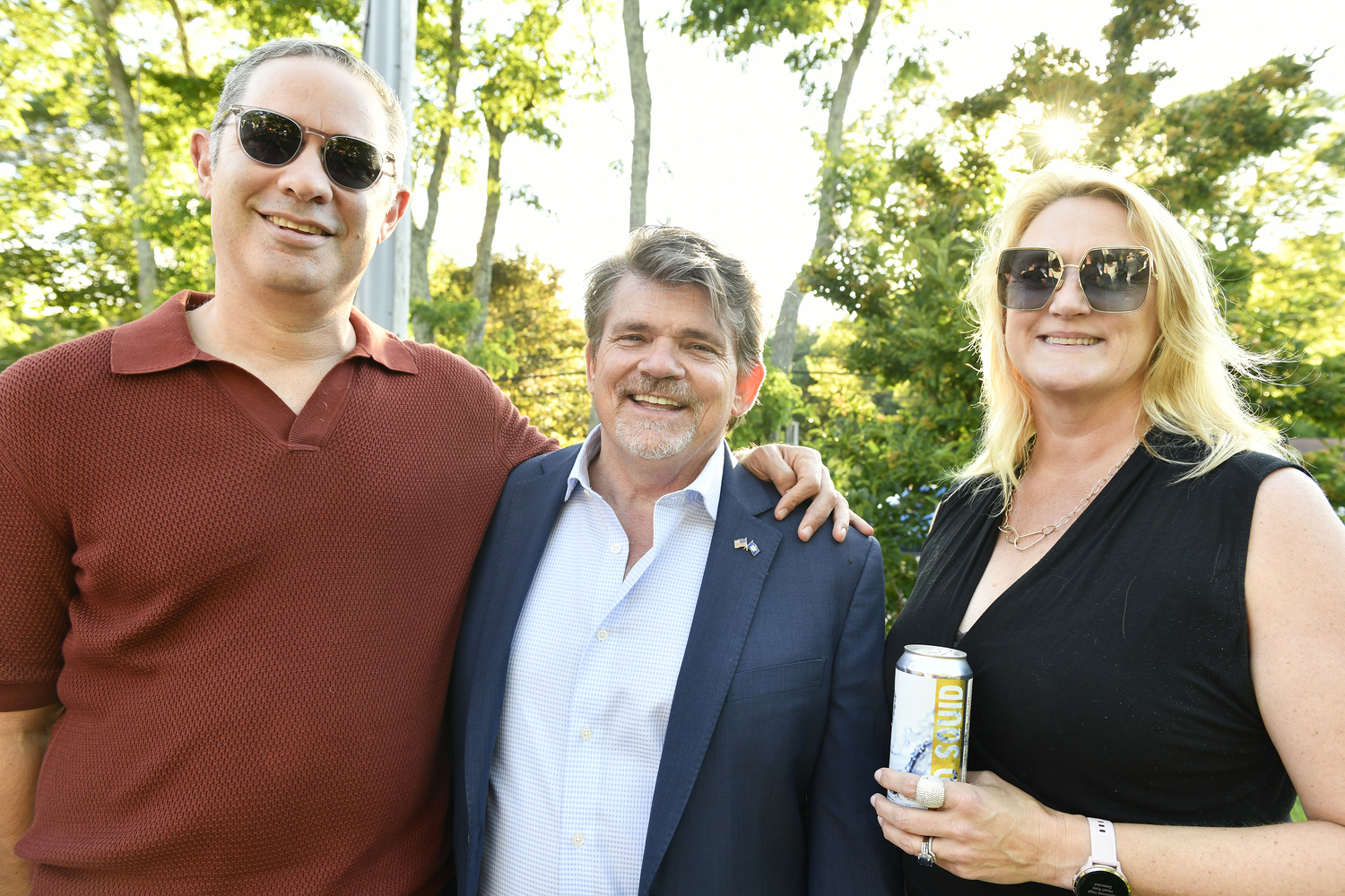 Shawn Sachs, Assemblyman tommy John Schiavoni and Grainne Coen  at the Bridgehampton Child Care & Recreation Center's 2025 Jazz Soul Celebration on July 18 at the Center in Bridgehampton.  DANA SHAW