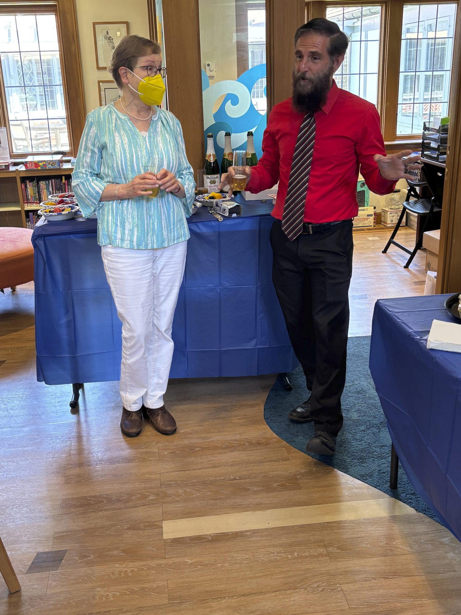 On Thursday afternoon the Staff of East Hampton Library gathered in the Children’s Room to honor Alexandra Giambruno who will be retiring after her 22 years of service as Department Head of Children’s Services. Library Executive Director Dennis Fabiszak thanked her. Joe Brondo will take over her duties and the position she will vacate.  RICHARD LEWIN