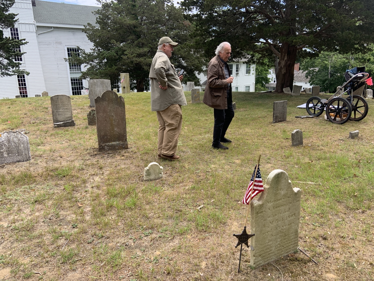Len Strozier of Omega Maping and Randy Croxton of the Sag Harbor Historical Museum worked with ground penetrating radar to help pinpoint the location of a British Revolutionary War fort next to the Old Whalers' Church. STEPHEN J. KOTZ