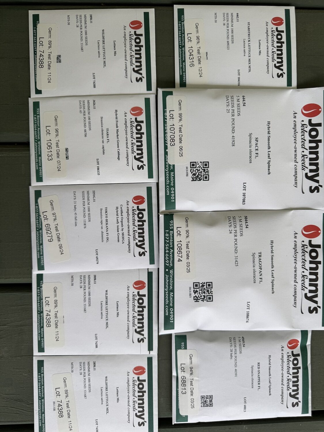 My nine selections for our late-summer into fall salad garden including spinach (2), brassicas (2) and lettuces (5).  Some of the seed is from 2024 but since it was stored in sealed containers in the refrigerator I don’t expect any germination issues. The group includes a selection of textures, colors and nutrient-rich varieties. ANDREW MESSINGER