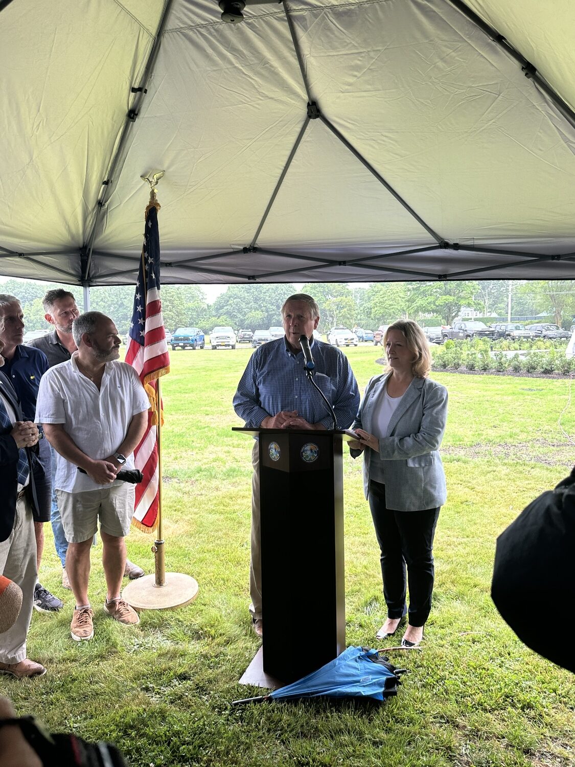 Westhampton Beach Village Mayor Ralph Urban and Southampton Town Supervisor Maria Moore speak at the Great Lawn on Wednesday, July 2. DAN STARK