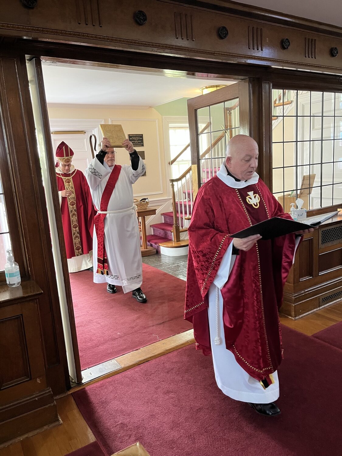 Friar Chris Jubinski, Deacon Richard Ohlsen, and Bishop Lawrence Provenzano at the church's 100th anniversary celebration on Sunday, June 22. COURTESY CHRIS JUBINSKI