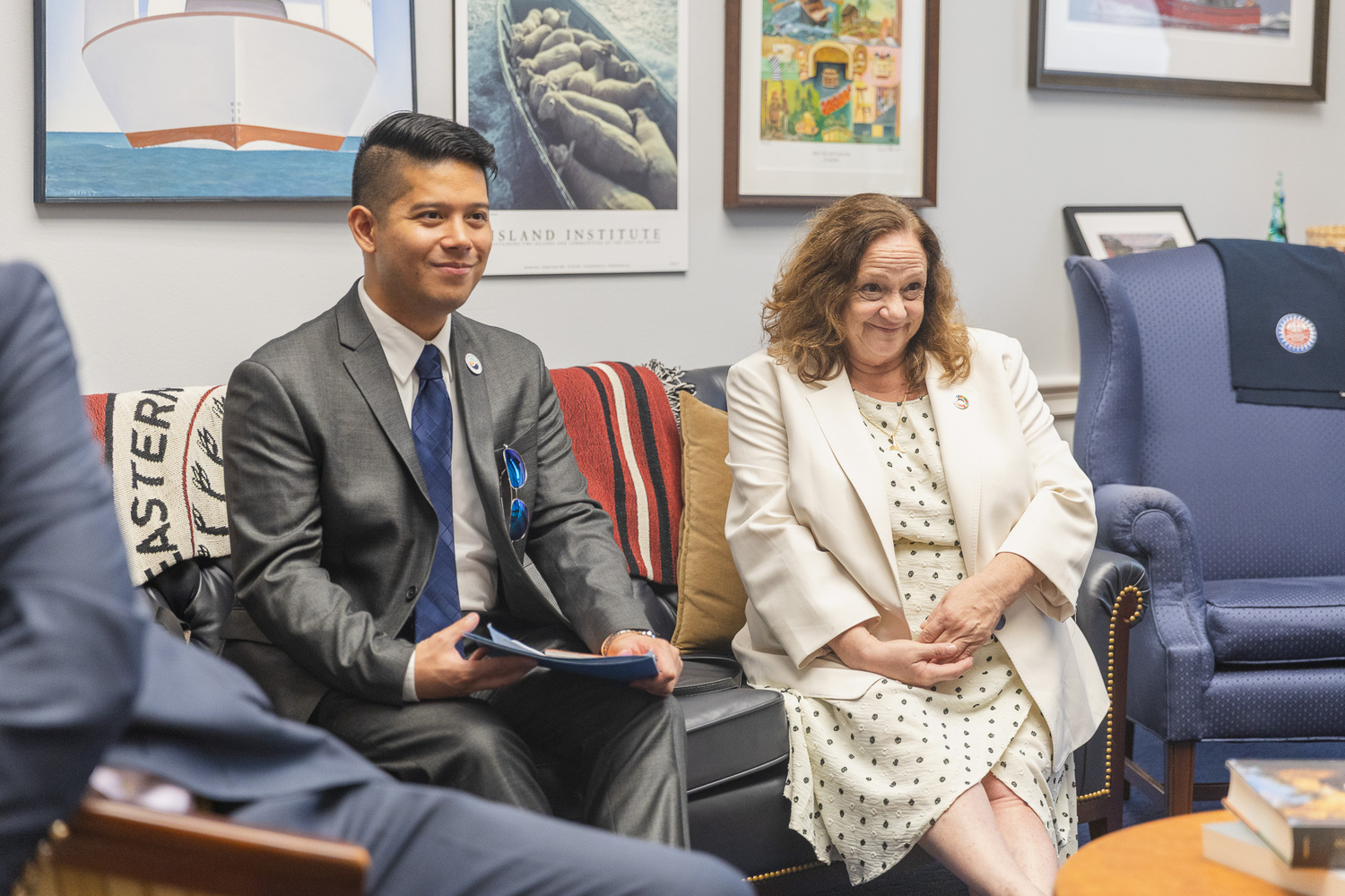 Angelo San Pablo, a foodie and advocate of sustainable aquaculture, and Donna Lanzetta, CEO and founder of Manna Fish Farms in Hampton Bays, discuss the future of ocean farming on behalf of the Coalition for Sustainable Aquaculture during a visit to Washington, D.C.