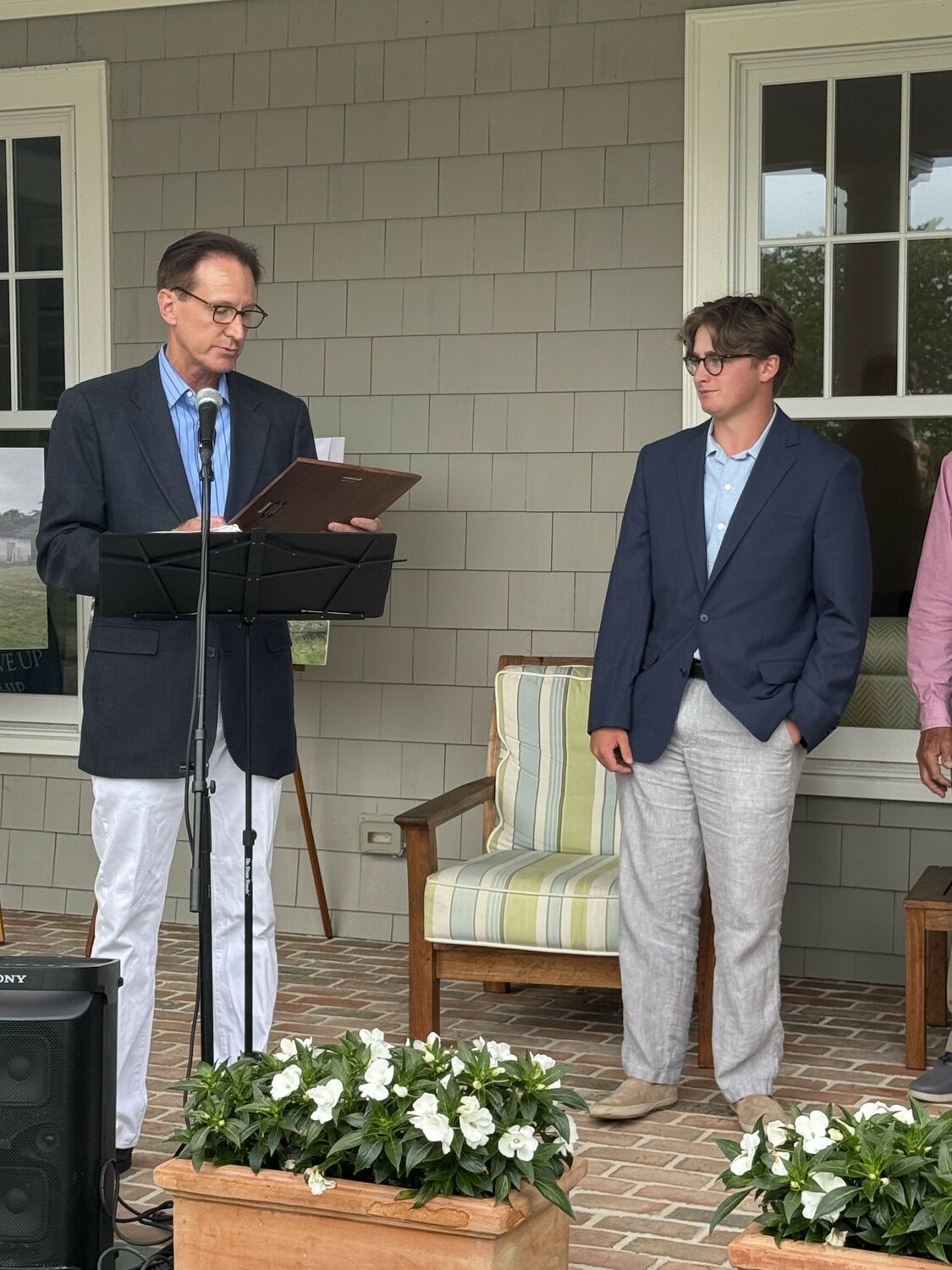 Southampton Village Mayor Bill Manger, left, and Robert Giuffra. Giuffra has coordinated a fundraising campaign for the restoration of the World War I Memorial in Agawam Park. NANCY KANE