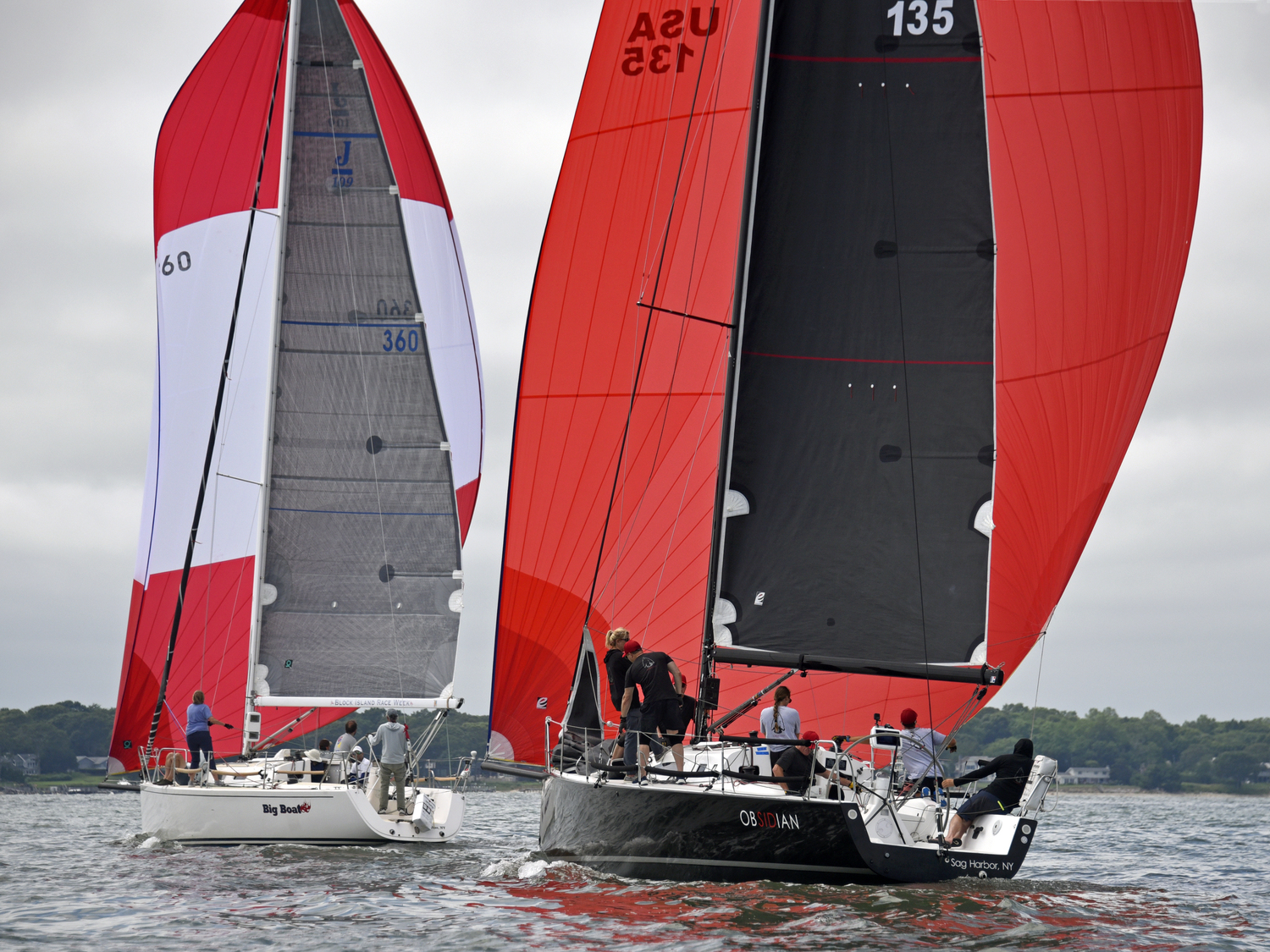 Bud Rogers’s J-109 Big Boat momentarily outpacing David Wilson’s J-111 Obsidian.  MICHAEL MELLA