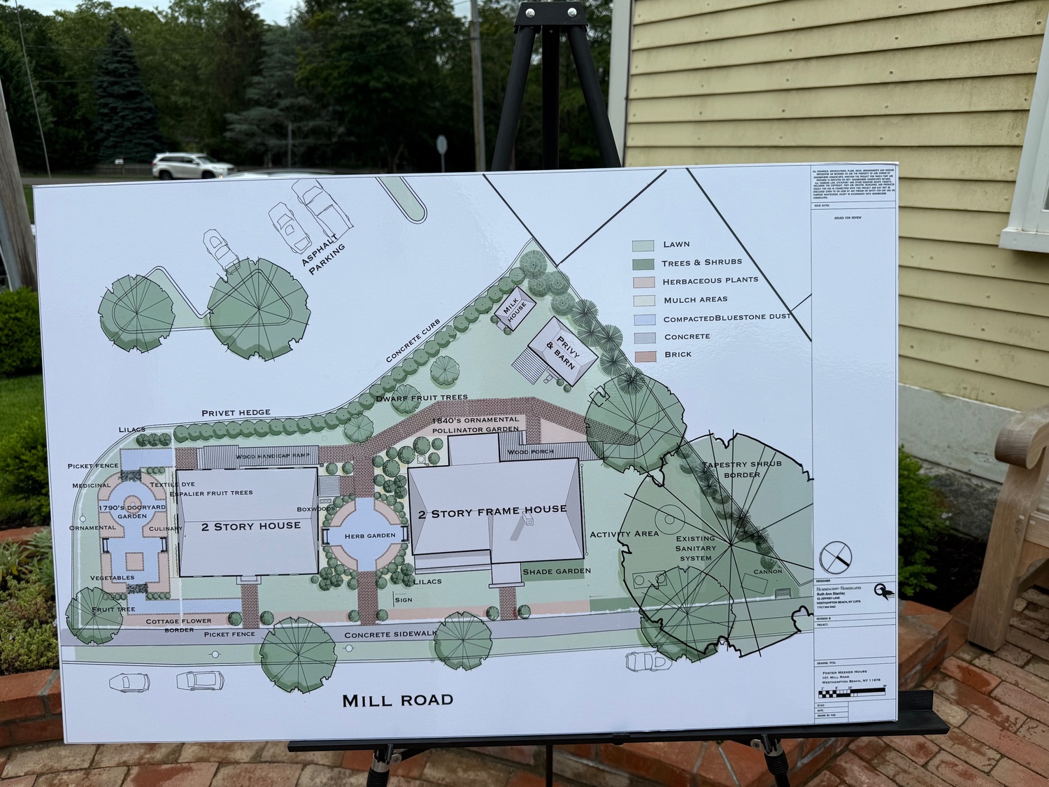 Greater Westhampton Historical Museum President Bo Bishop formally opened the period gardens designed and developed by the Westhampton Garden Club  with a Garden Tea Party on July 10. WGC's Ruth Ann Rosenthal led a committee of fellow members on the three year project to complement the 1790s Foster Meeker House and the 1840 Tuttle House. Both  were moved to Westhampton Village property at 101 Mill Road. The collaborative effort with the museum received additional support from Todd Scates, owner of Landscape Solutions, who installed the brickwork, and the Village of Westhampton for the irrigation installation and permanent use of the land.
At the opening Westhampton Garden Club  President Alicia Whitaker spoke of the many donors who contributed money, time and materials to the project and building improvements, as well as a grant from  the Robert David Lion Gardiner Foundation.