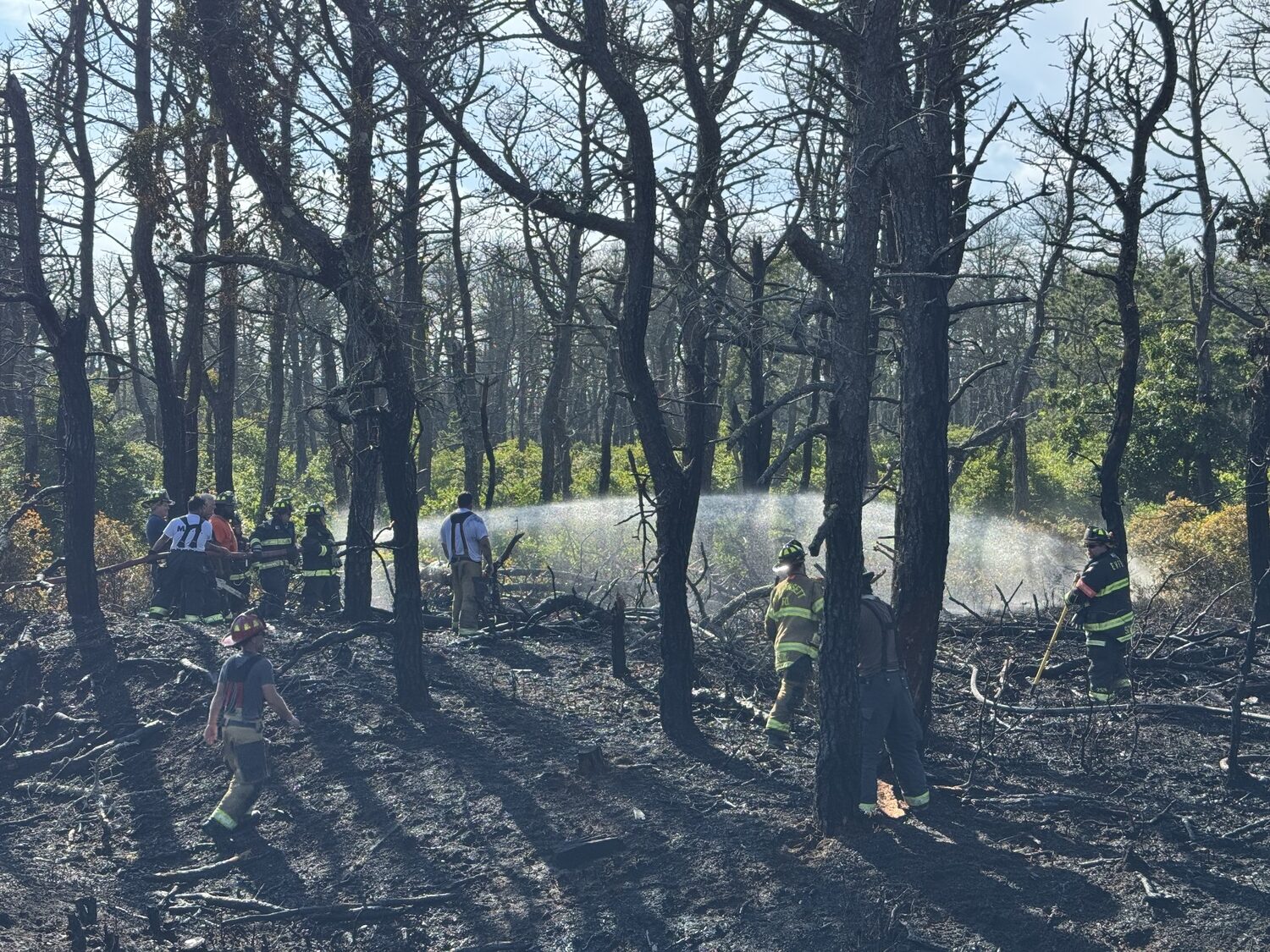 Fire fighters from several local departments have extinguished the brush fire and are now conducting mop up operations, searching for smoldering embers that could reignite the flames.