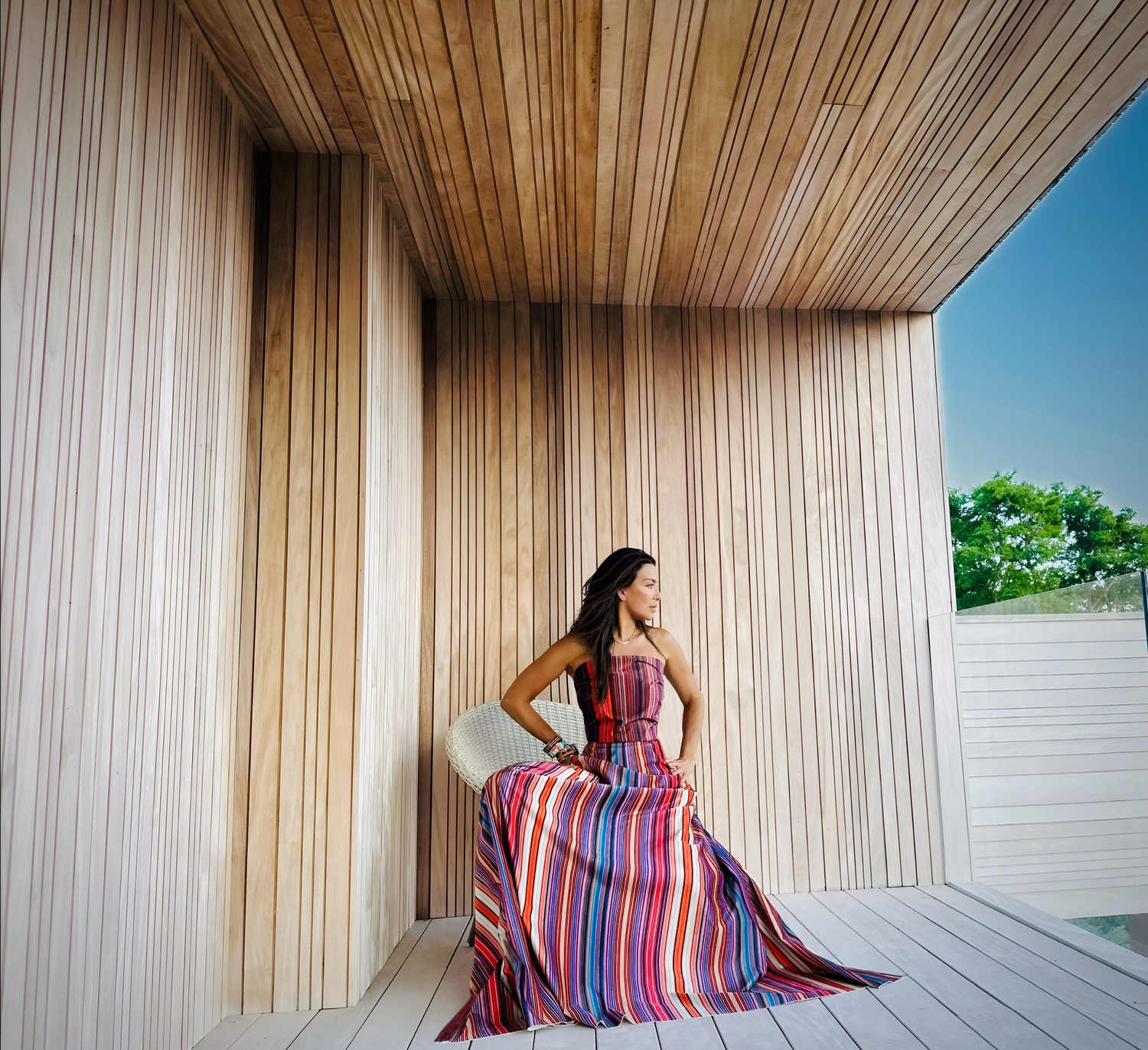 Artist Oz Van Rosen, her early line art work printed and worn on a dress she designed, which was inspired by the siding design. OZ VAN ROSEN