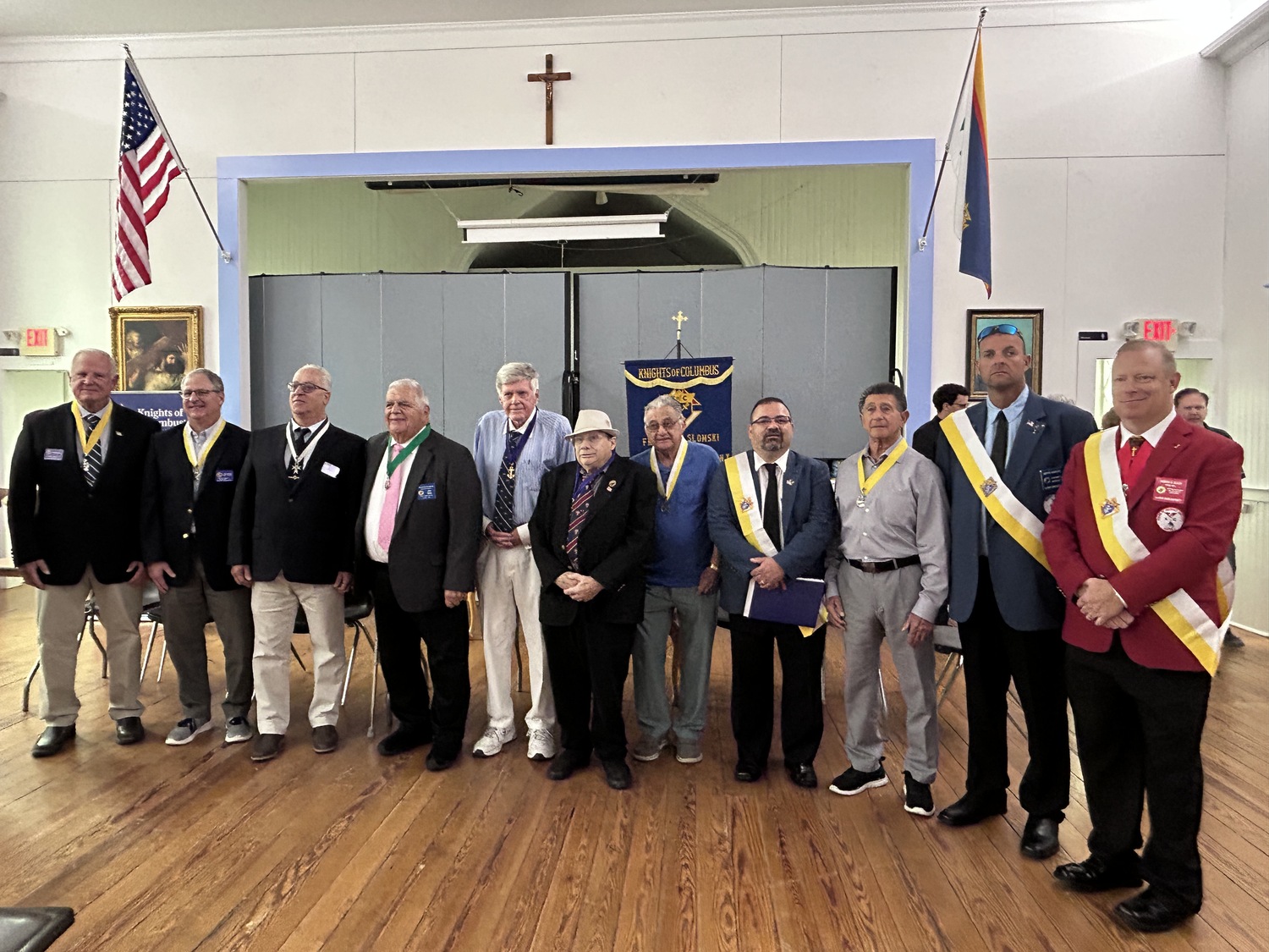 The Joseph Slomski Knights of Columbus Council #7423, headquartered at Immaculate Conception Church in Westhampton Beach, recently elected a new slate of officers. Key appointments include Grand Knight George M. Motz, Deputy Grand Knight Anthony Veraldi, Chancellor Christopher Cordella, Treasurer Joseph Giaquinto. District Deputy James Kaan, who presided over the ceremony, is at right. Additional members of the organization are also pictures. COURTESY FATHER SLOMSKI COUNCIL