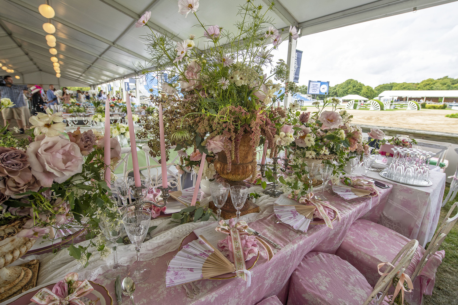 The LoveShackFancy table in the VIP tent at the 2021 Hampton Classic on Grand Prix.  FILE PHOTO