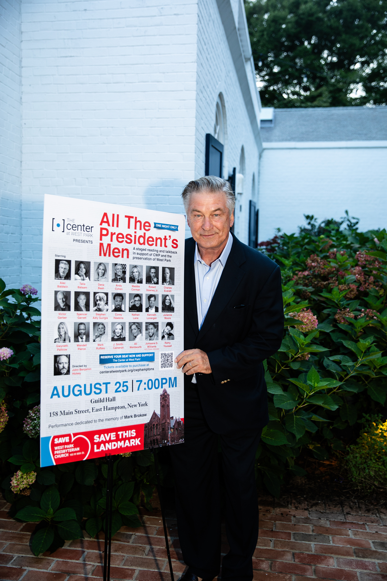 Alec Baldwin at Guild Hall with the poster for the reading. JESSICA DALENE