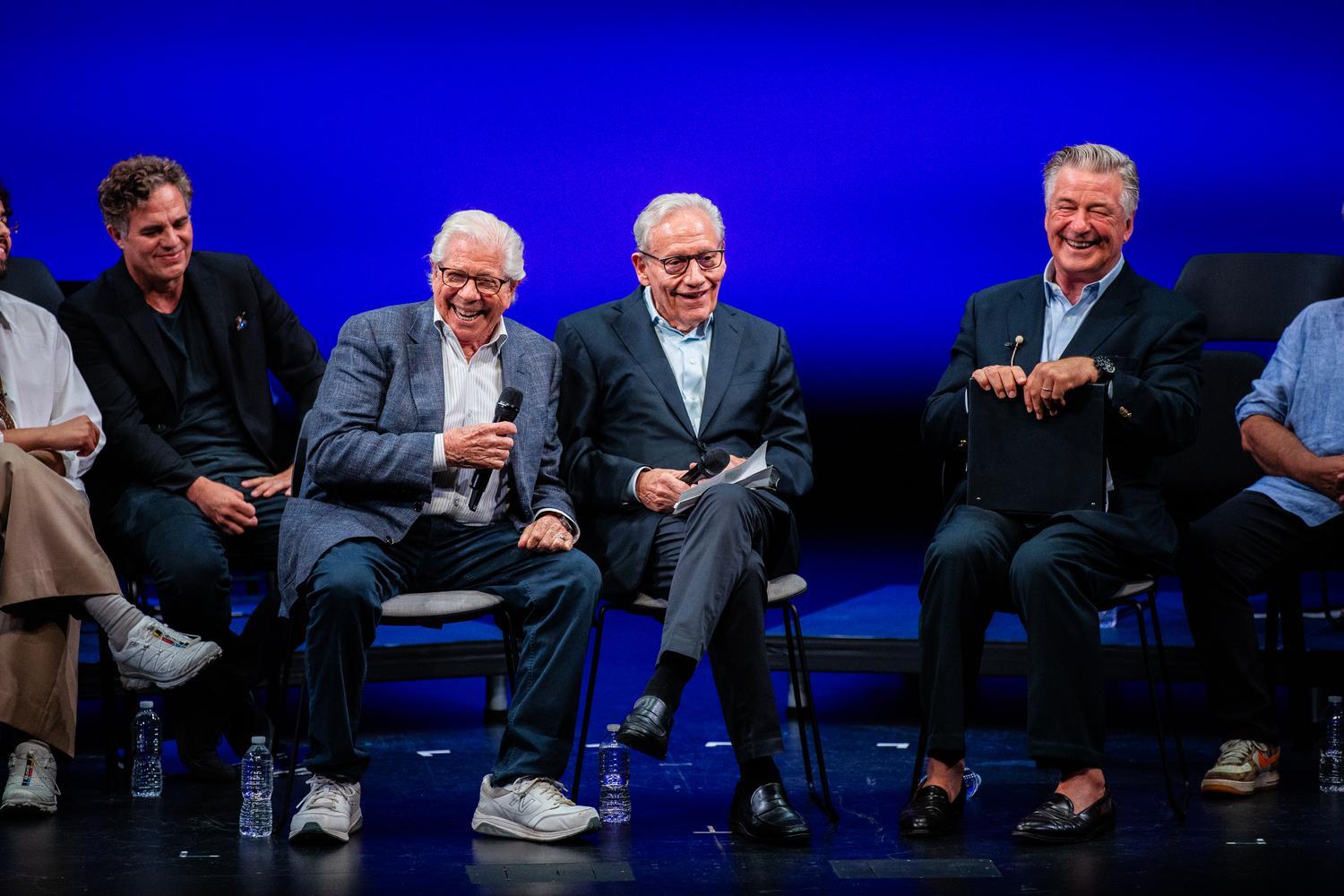 From left, Mark Ruffalo, Carl Bernstein, Bob Woodward and Alec Baldwin on stage at Guild Hall. JESSICA DALENE