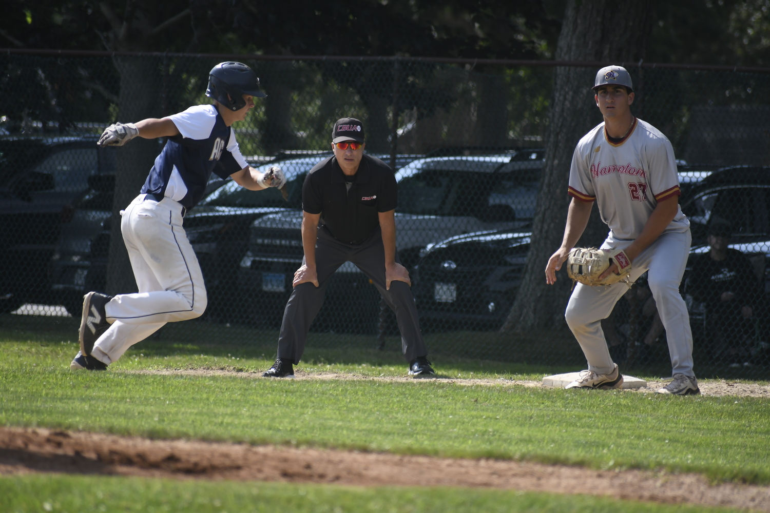 Collin Quintano covering first base during this year's All-Star Game at Mashashimuet Park.  DREW BUDD