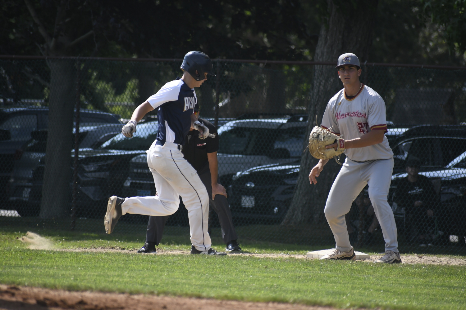 Collin Quintano covering first base during this year's All-Star Game at Mashashimuet Park.  DREW BUDD