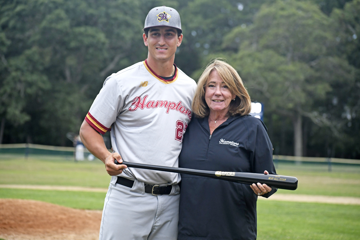 Southampton Breaker Collin Quintano (Villanova) with HCBL President Sandi Kruel after he was named MVP of the HCBL All-Star Game on Saturday.  DREW BUDD