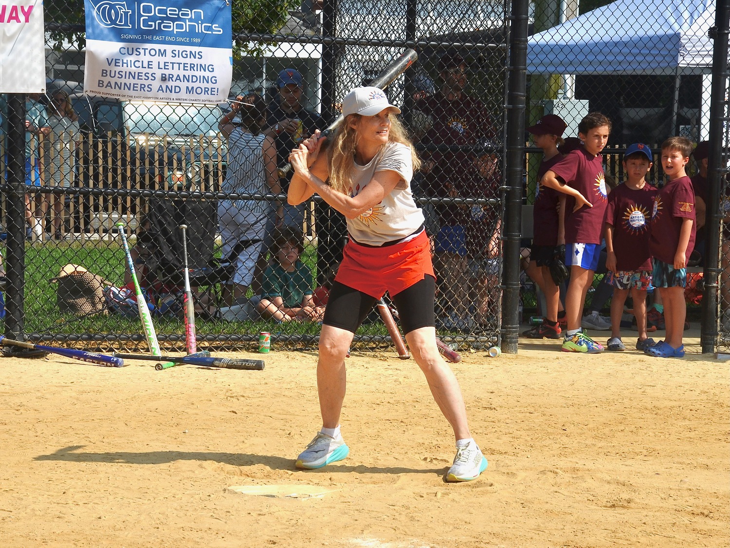 Lori Singer at the plate for the Artists.  KYRIL BROMLEY