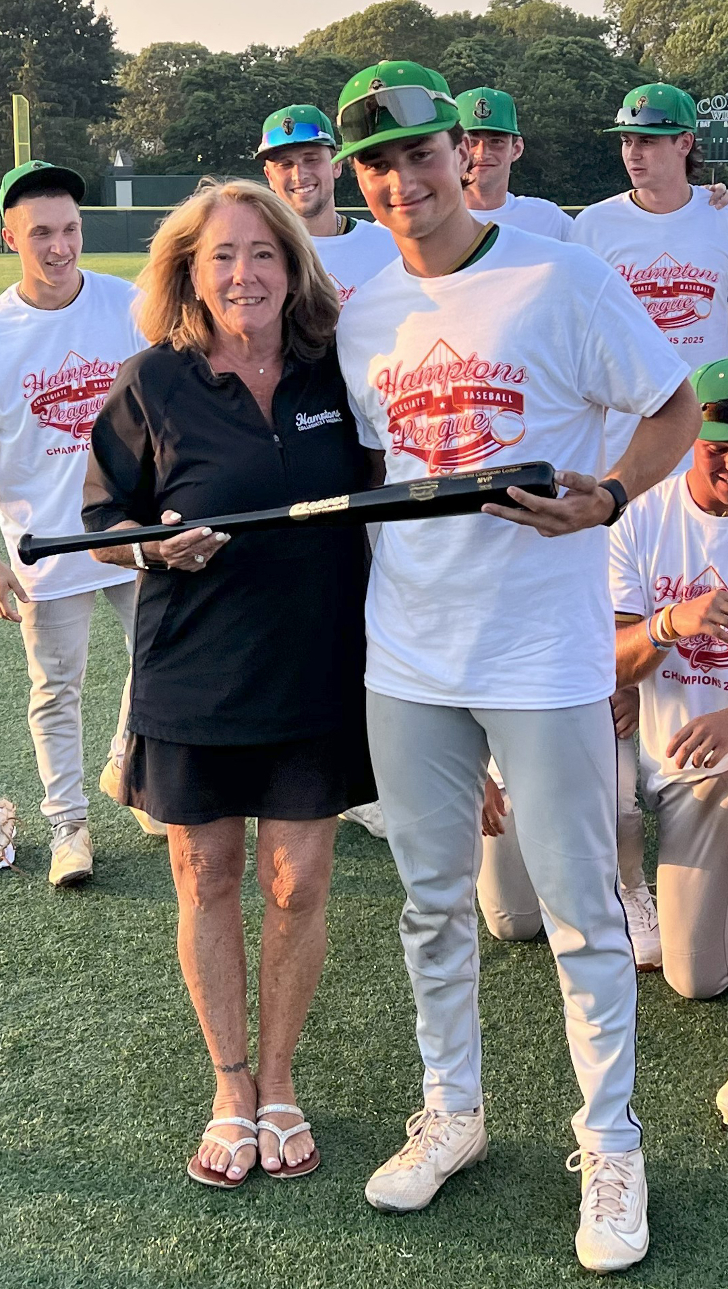 HCBL President Sandi Kruel with Championship Series MVP Larry Hotaling of the Clippers.  COURTESY HAMPTONS COLLEGIATE BASEBALL LEAGUE