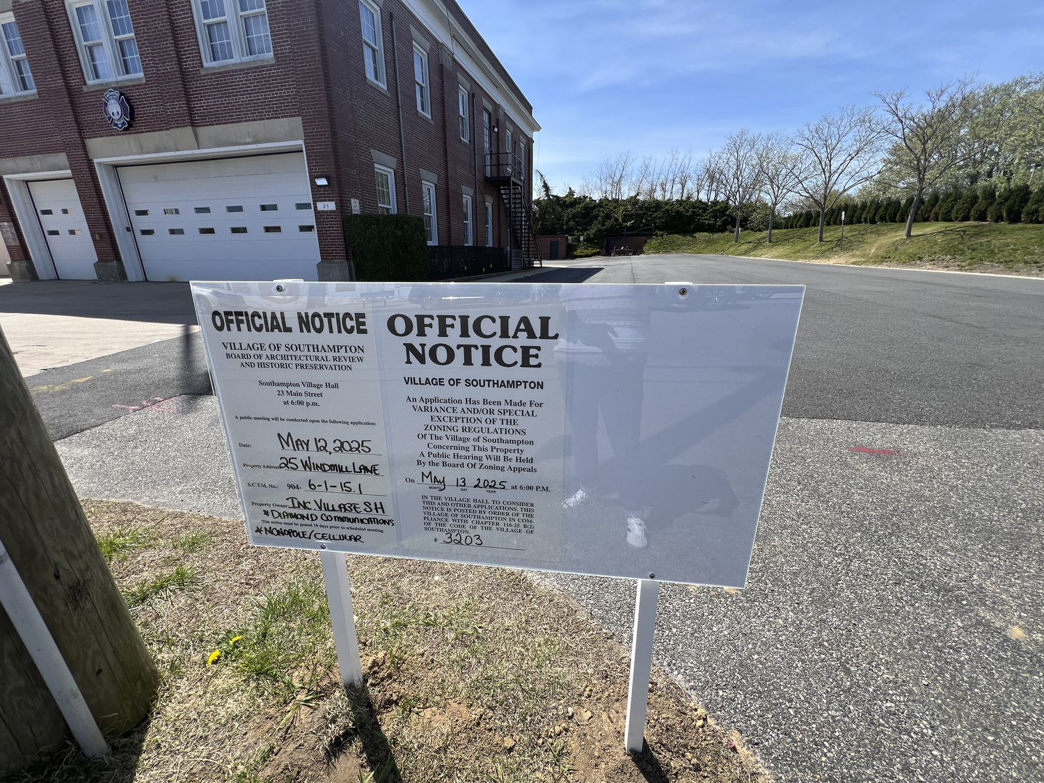 The Southampton Village Zoning Board of Appeals has granted Diamond Communications a special exception permit for a 125-foot communications tower next to the Windmill Lane firehouse.   DANA SHAW