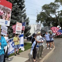Members of the Stand With Israel group have been gathering in Sag Harbor at the same time that the group, East End for Peace and Justice, holds its weekly vigil, demanding an end to the war in Gaza and an end to U.S. support of Israel in the war. CAILIN RILEY PHOTOS