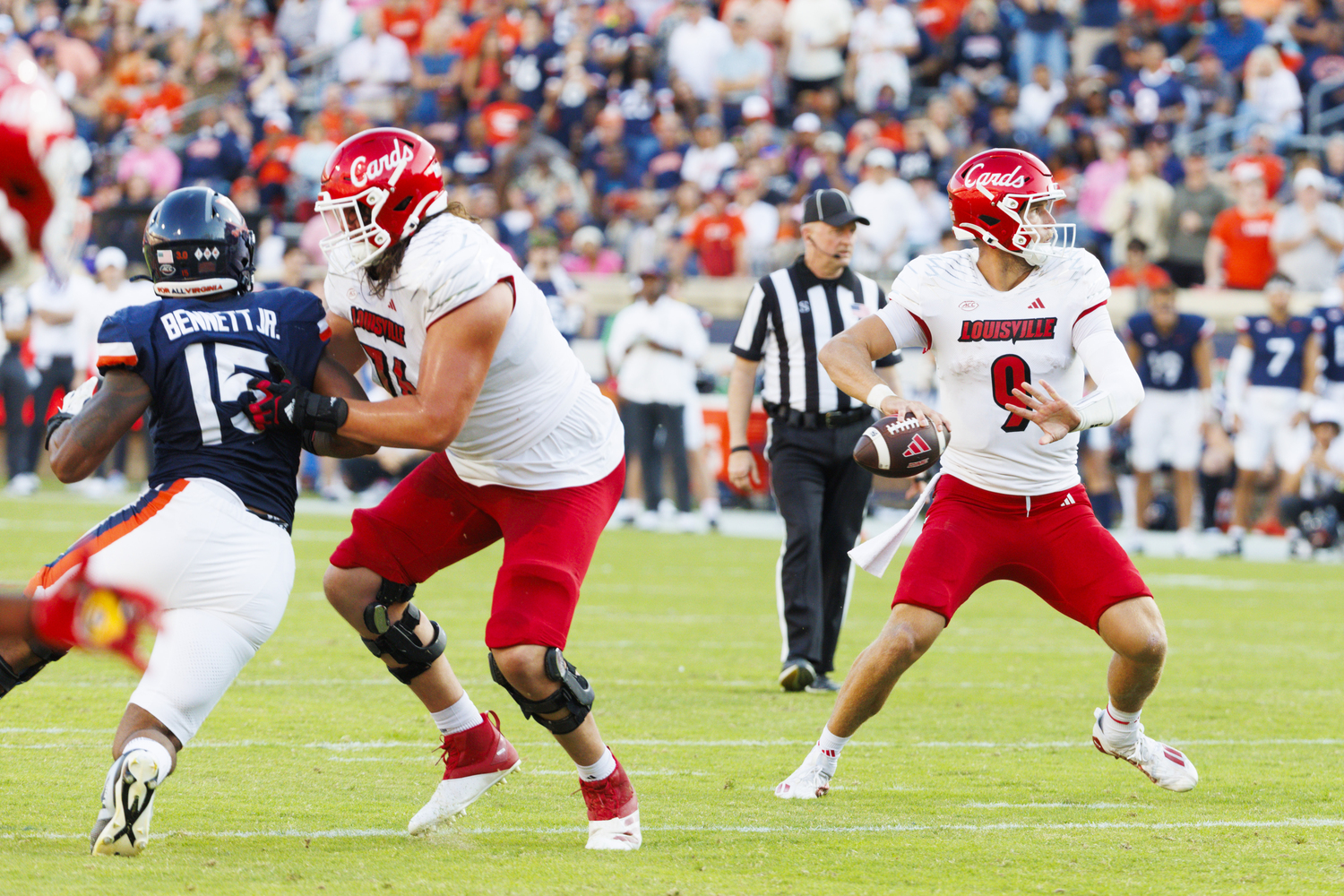 Jon Mendoza started eight games at the University of Louisville at right tackle protecting quarterback Tyler Shough, who is vying for the starting quarterback role with the Saints this season. LOUISVILLE ATHLETICS