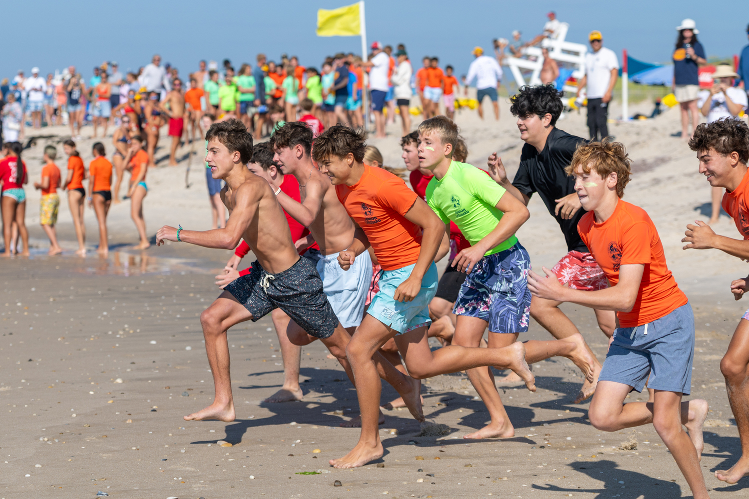 Junior lifeguards are off at Ponquogue Beach in Hampton Bays on Saturday morning.  RON ESPOSITO