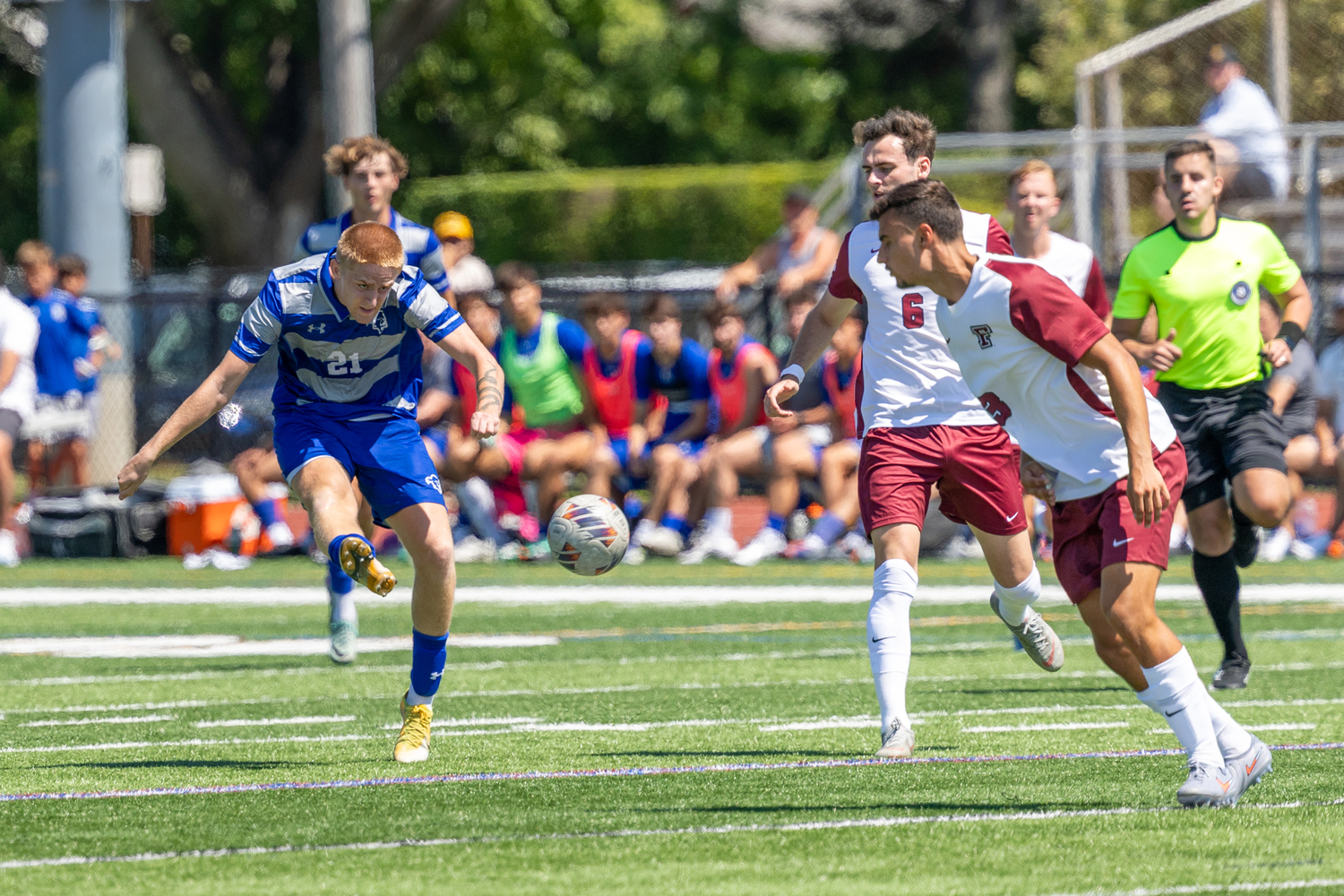 Seton Hall sophomore Hannes Ottosson clears the ball in front of a pair of Fordham players.  RON ESPOSITO