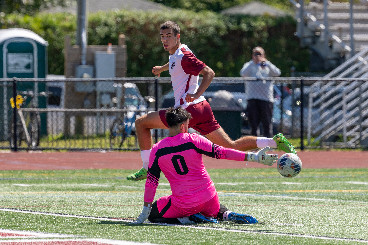 Fordham senior Ede Gramberg tries to get one passed Seton Hall's keeper.  RON ESPOSITO
