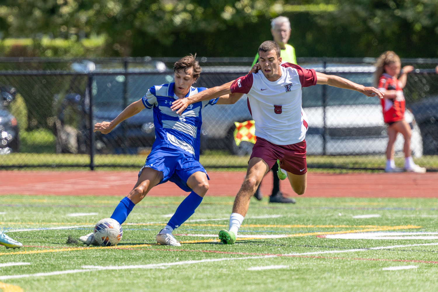 Seton Hall freshman Valentino Solari and Fordham senior Ede Gramberg battle for the ball.  RON ESPOSITO