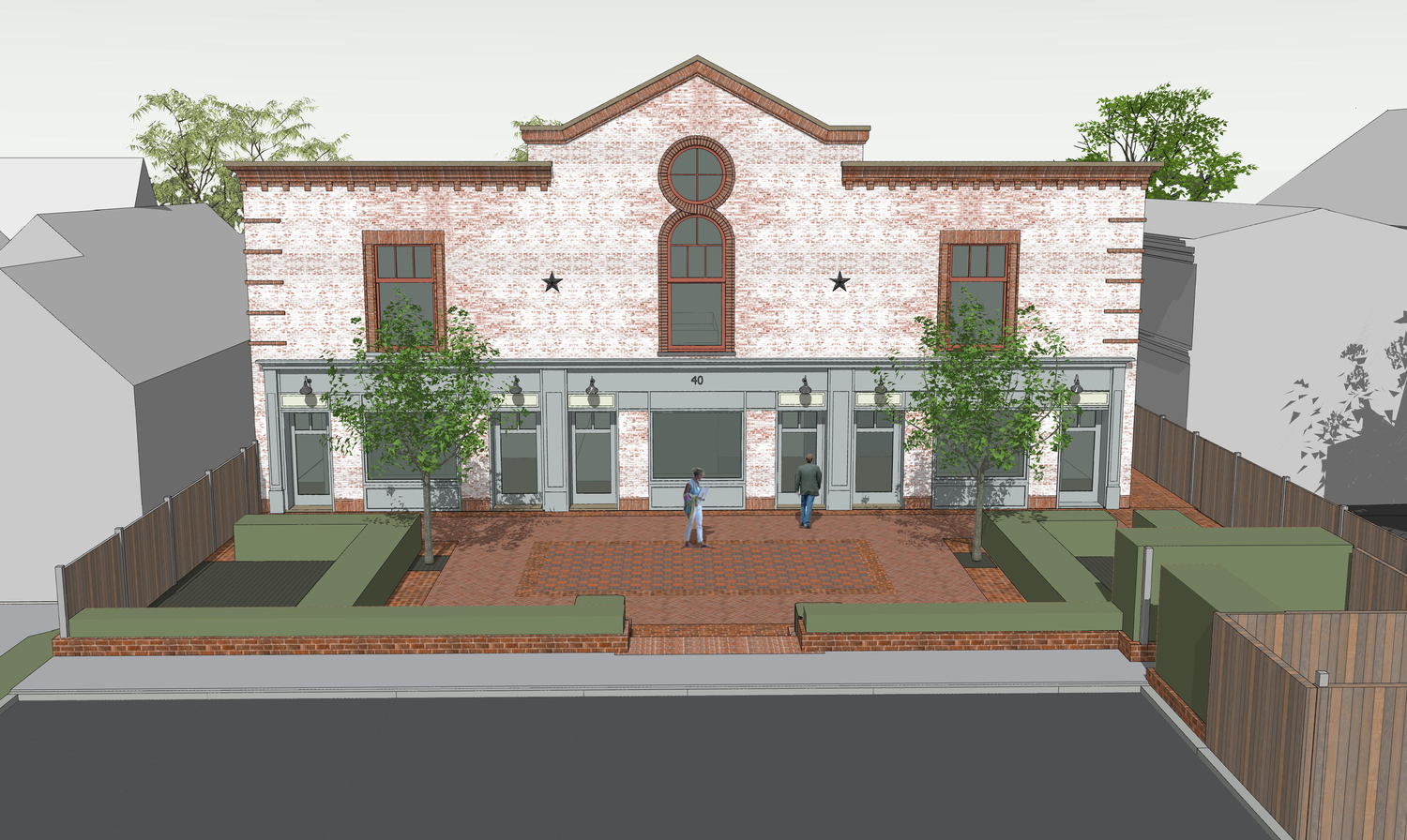A rendering of the proposed new trio of adjoining buildings on the site were a courtyard and once-story retail buildings are now.  SIAMACK SAMII ARCHITECT P.C.