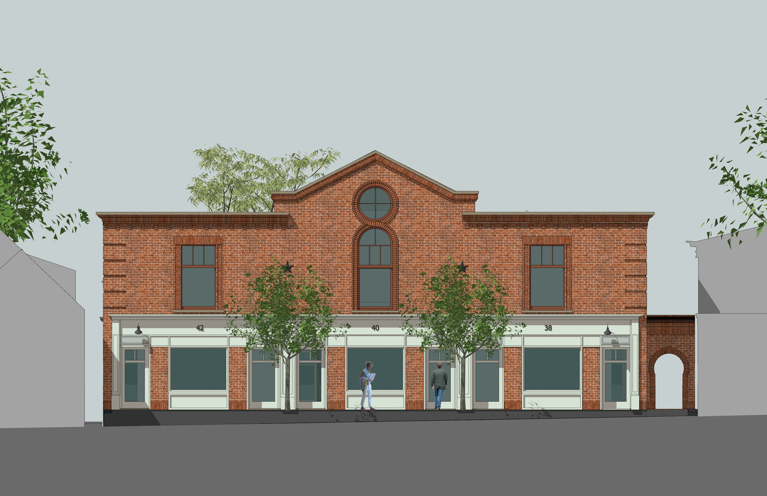 Updated renderings (this is a view from the rear) of the plans for Jobs Lane Court, which was approved by a 4-1 vote by the Southampton Village ARB on September 22. COURTESY SIAMAK SAMII